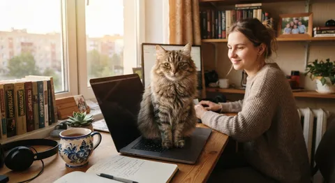 A gorgeous fluffy domestic cat sitting proudly on a modern laptop on a desk, soft sunlight, cozy home office in Russia, realistic photo. Featuring Slavic / Eastern-European (Russian) people with natural authentic appearance; modern Russian setting and context; realistic, not staged. Do NOT add any text, letters, captions or logos in the image. Avoid American clichés and forced diversity casting.