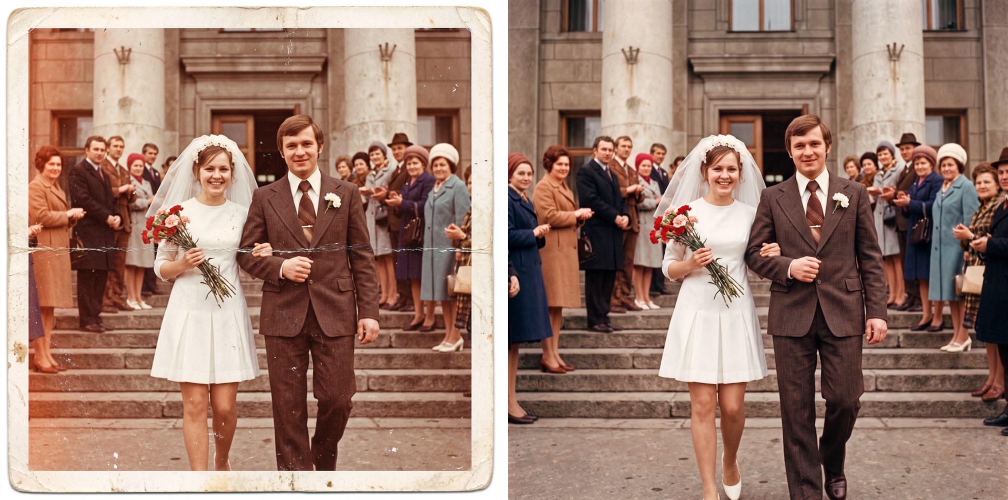 До и после: выцветшее советское свадебное фото 1970-х у ЗАГСа с заломом поперёк кадра восстановлено, цвета платья, костюма и букета гвоздик снова естественные
