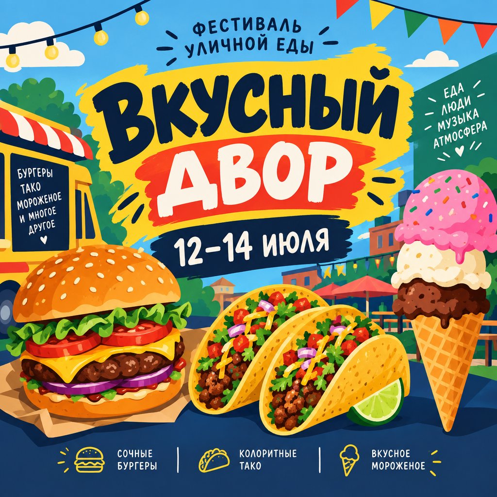 Постер фестиваля уличной еды «Вкусный двор», 12–14 июля, с бургером, тако и мороженым и лишними подписями