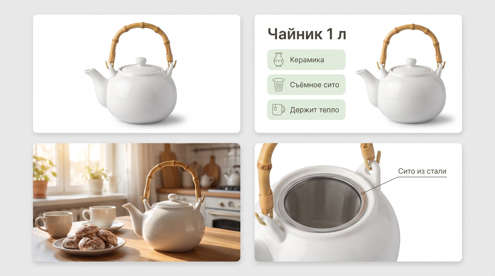 Карточки маркетплейса, сделанные нейросетью: главное фото чайника на белом фоне, инфографика с плашками, чайник на кухне и деталь крупным планом