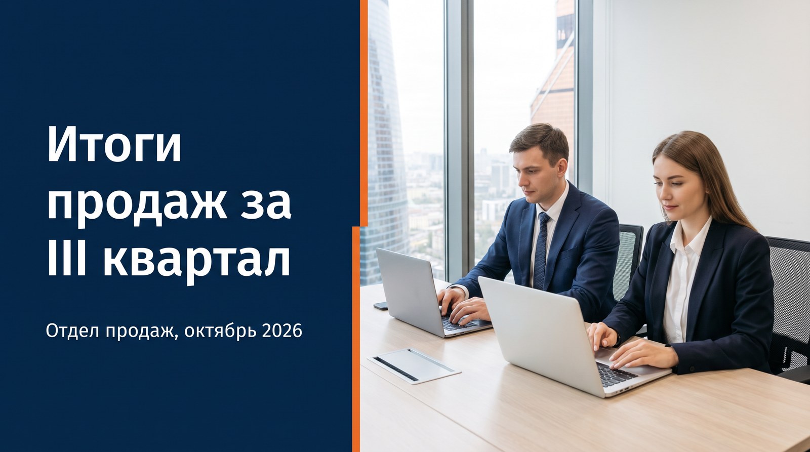 Обложка презентации, сделанной нейросетью: квартальный отчёт отдела продаж с крупным заголовком на русском