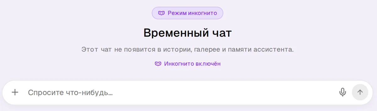 Режим инкогнито: плашка «Режим инкогнито», заголовок «Временный чат» и подпись «Этот чат не появится в истории, галерее и памяти ассистента»