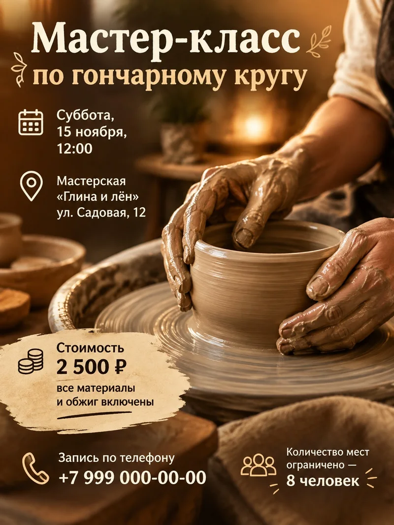 Афиша «Мастер-класс по гончарному кругу»: суббота, 15 ноября, 12:00, мастерская «Глина и лён», ул. Садовая, 12, стоимость 2 500 ₽, телефон, 8 человек — весь текст без ошибок