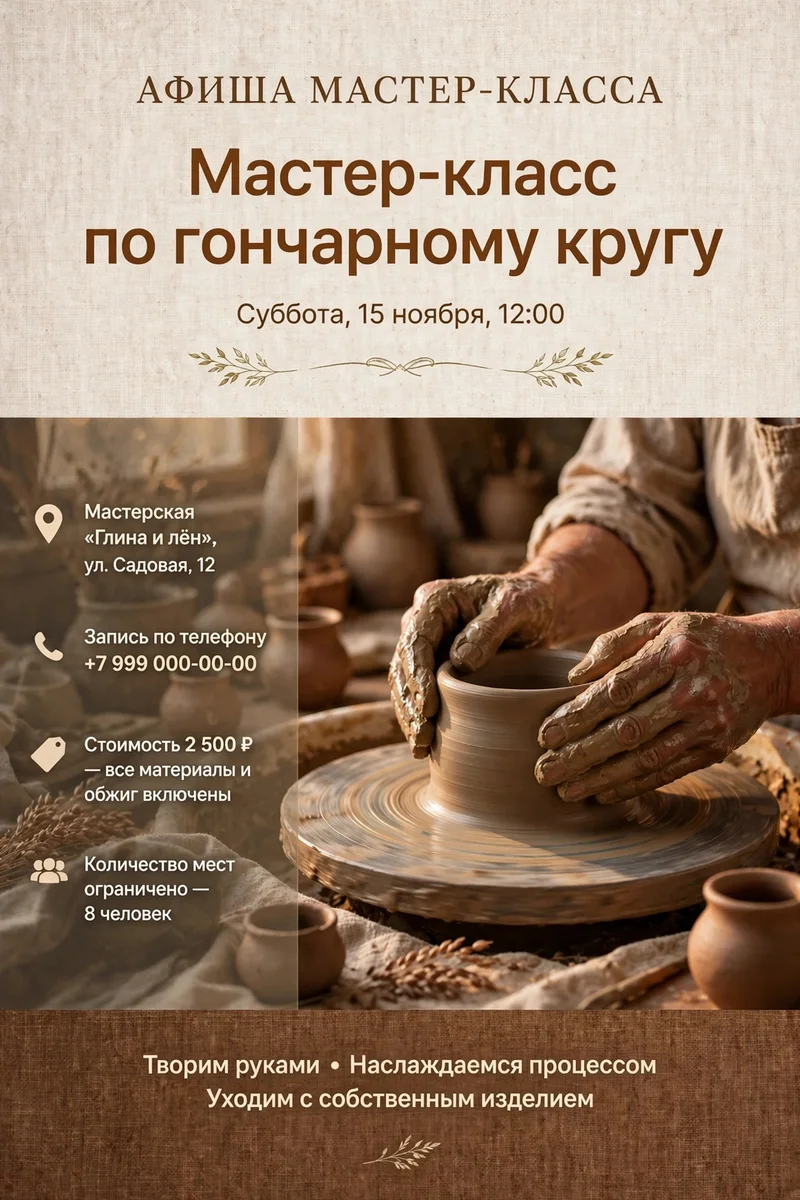 Та же афиша от другой модели: сверху лишняя надпись «АФИША МАСТЕР-КЛАССА», внизу придуманные слоганы «Творим руками • Наслаждаемся процессом • Уходим с собственным изделием»