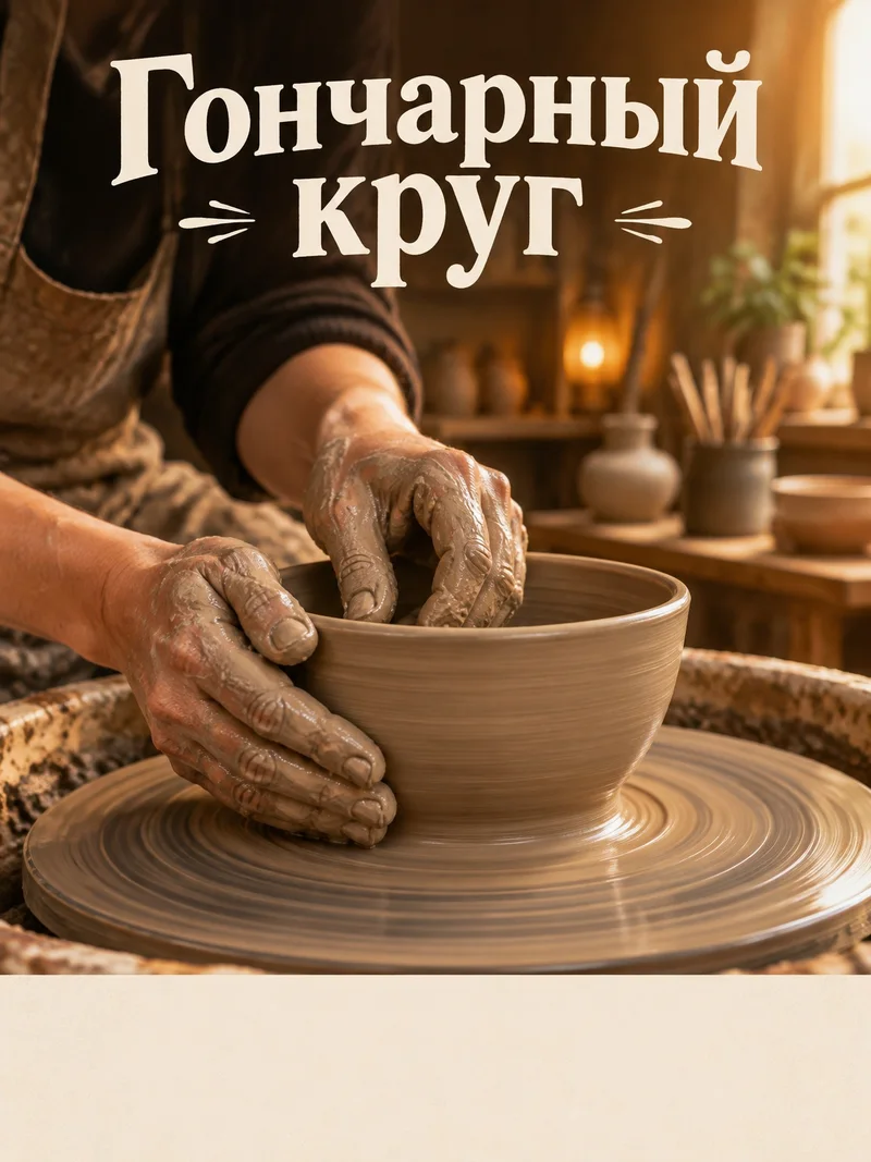 Афиша с одной надписью «Гончарный круг», руками на гончарном круге и пустой светлой полосой внизу