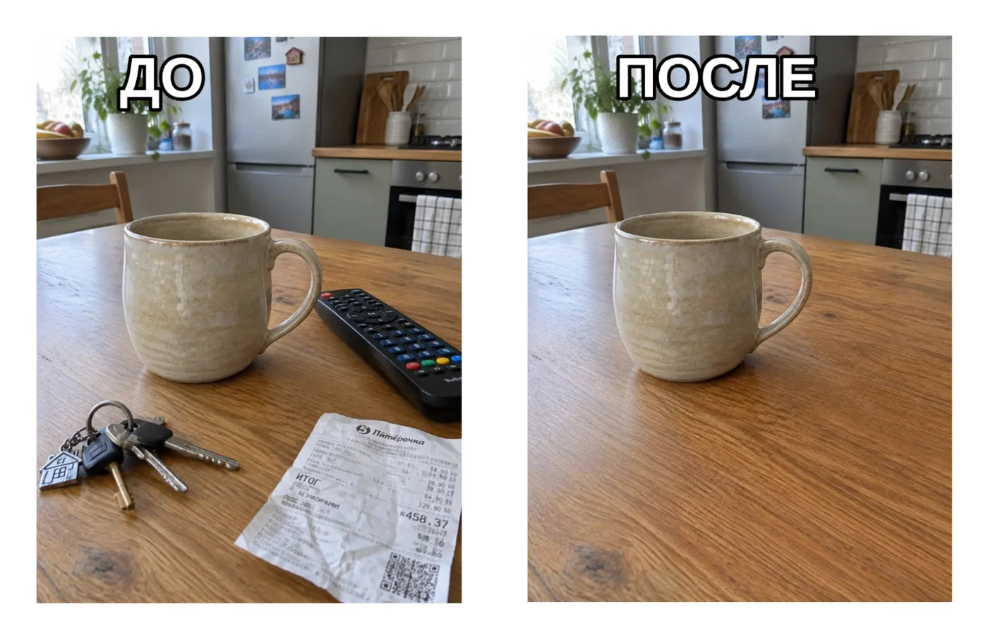 Коллаж на белом холсте: слева фото кружки на столе с пультом, ключами и чеком и надписью «ДО», справа та же кружка на чистом столе и надпись «ПОСЛЕ»
