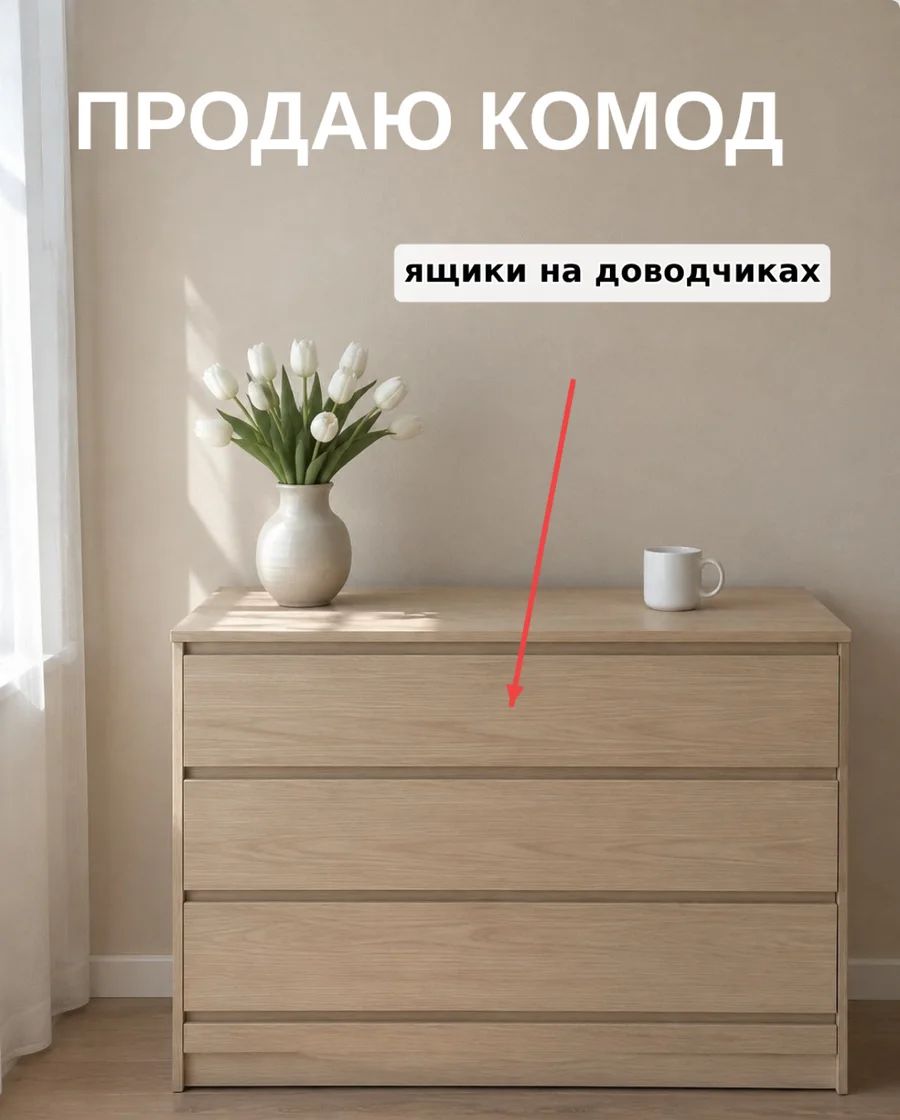 Фото комода с надписями: до — нейтральные холодноватые цвета, после пресета «Тёплый» — тёплый свет и бежевые тона — было