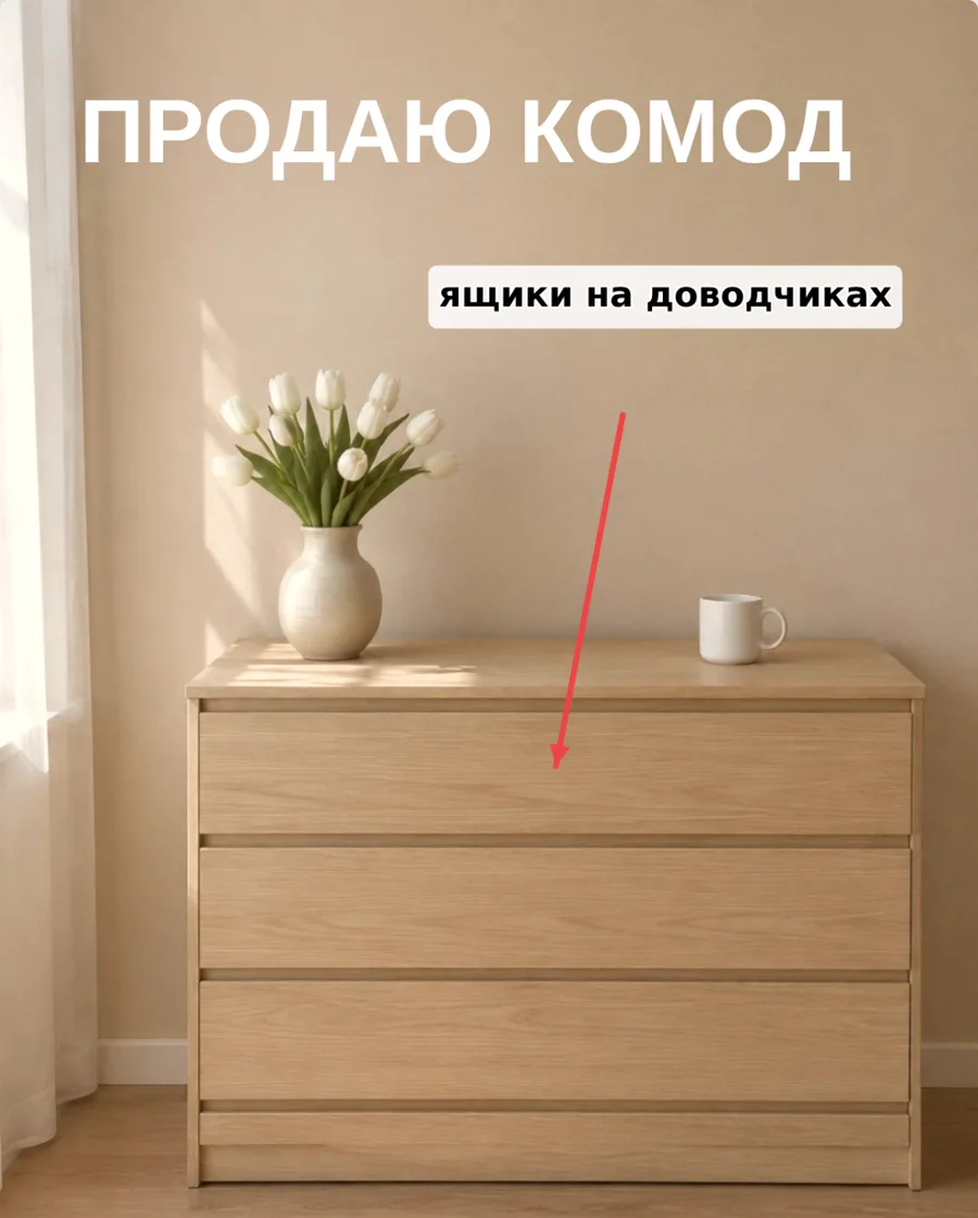 Фото комода с надписями: до — нейтральные холодноватые цвета, после пресета «Тёплый» — тёплый свет и бежевые тона — стало