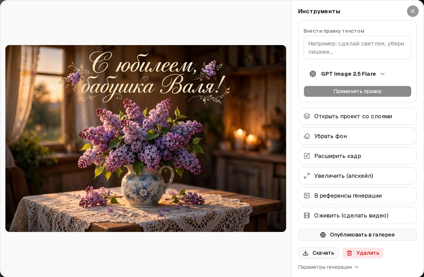 Окно просмотра картинки: открытка с сиренью и панель «Инструменты»: Внести правку текстом, Открыть проект со слоями, Убрать фон, Расширить кадр, Увеличить, В референсы генерации, Оживить, Опубликовать в галерее, Скачать, Удалить