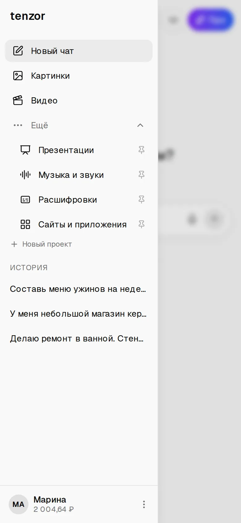 Открытое меню tenzor на телефоне