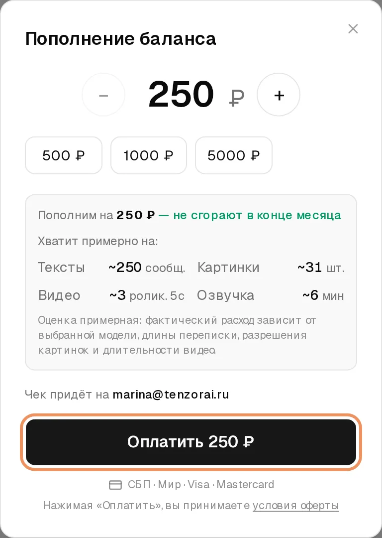 Окно пополнения: на 250 ₽ хватит примерно на 250 сообщений, 31 картинку, 3 ролика по 5 секунд, 6 минут озвучки