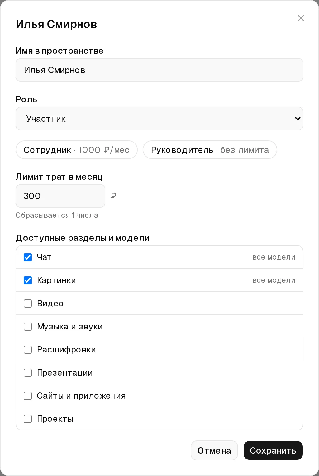 Окно настройки участника Илья Смирнов: лимит 300 ₽, отмечены только «Чат» и «Картинки», остальные разделы выключены