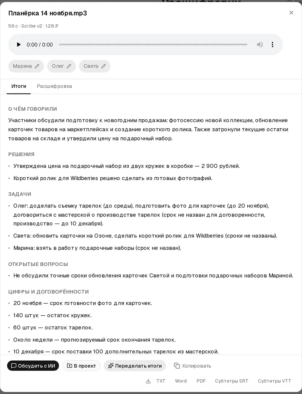 Вкладка «Итоги» у расшифровки «Планёрка 14 ноября»: О чём говорили, Решения — цена подарочного набора 2 900 рублей, Задачи — Олег, Света, Марина со сроками, Открытые вопросы, Цифры и договорённости