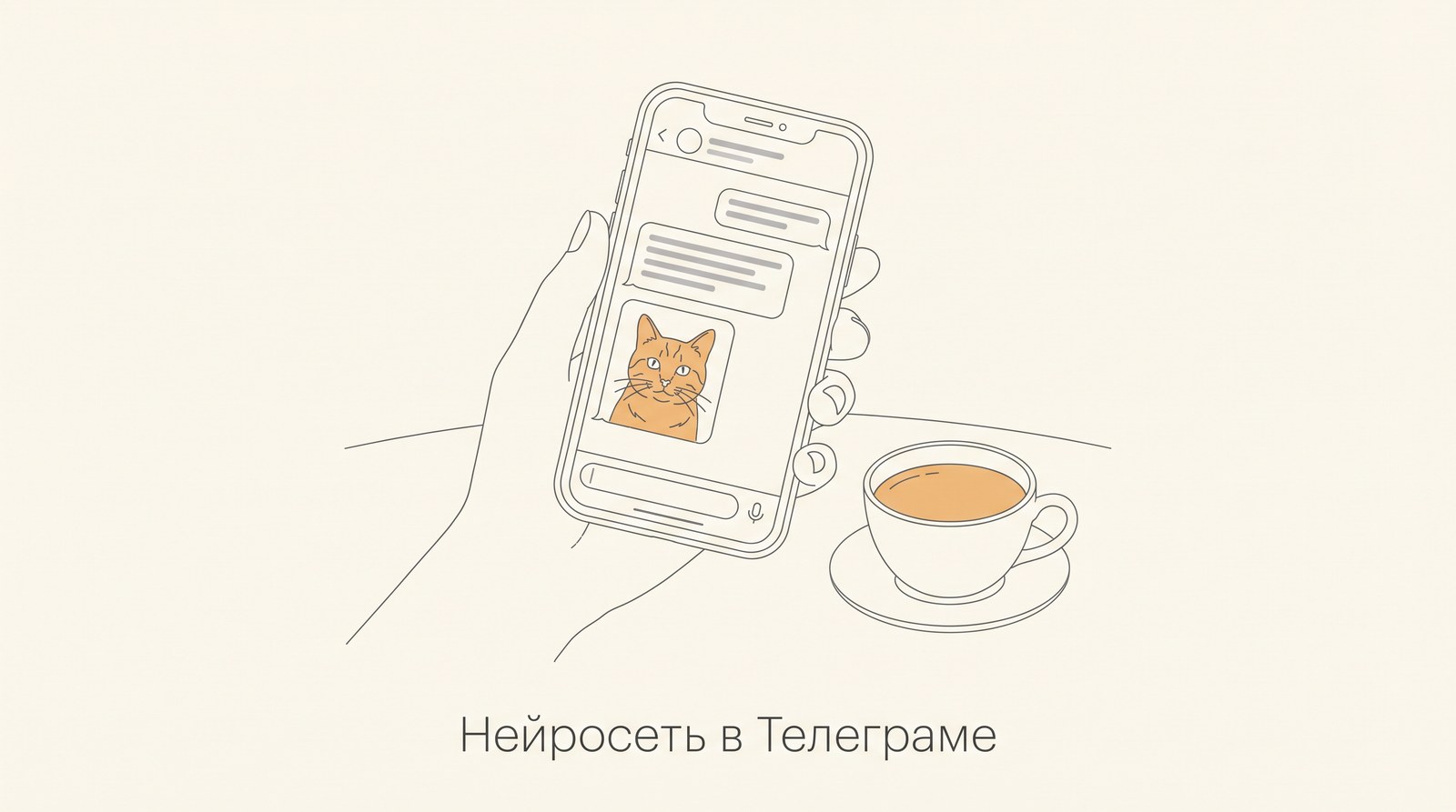 Смартфон с открытым чатом бота: вопрос, ответ и картинка рыжего кота, рядом чашка чая