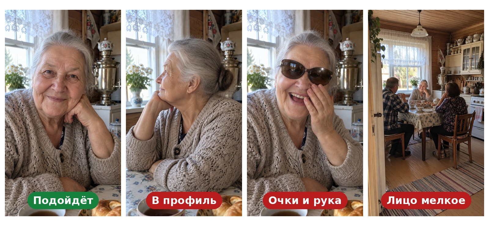 Какое фото подойдёт для говорящего аватара: слева портрет анфас с подписью «Подойдёт», дальше та же женщина в профиль, в тёмных очках с рукой у лица и маленькой фигурой на общем плане кухни