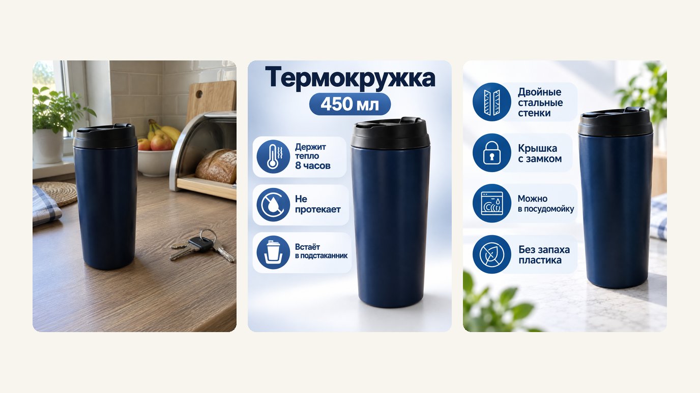 Инфографика нейросетью: фото термокружки на телефон и два готовых слайда для карточки маркетплейса