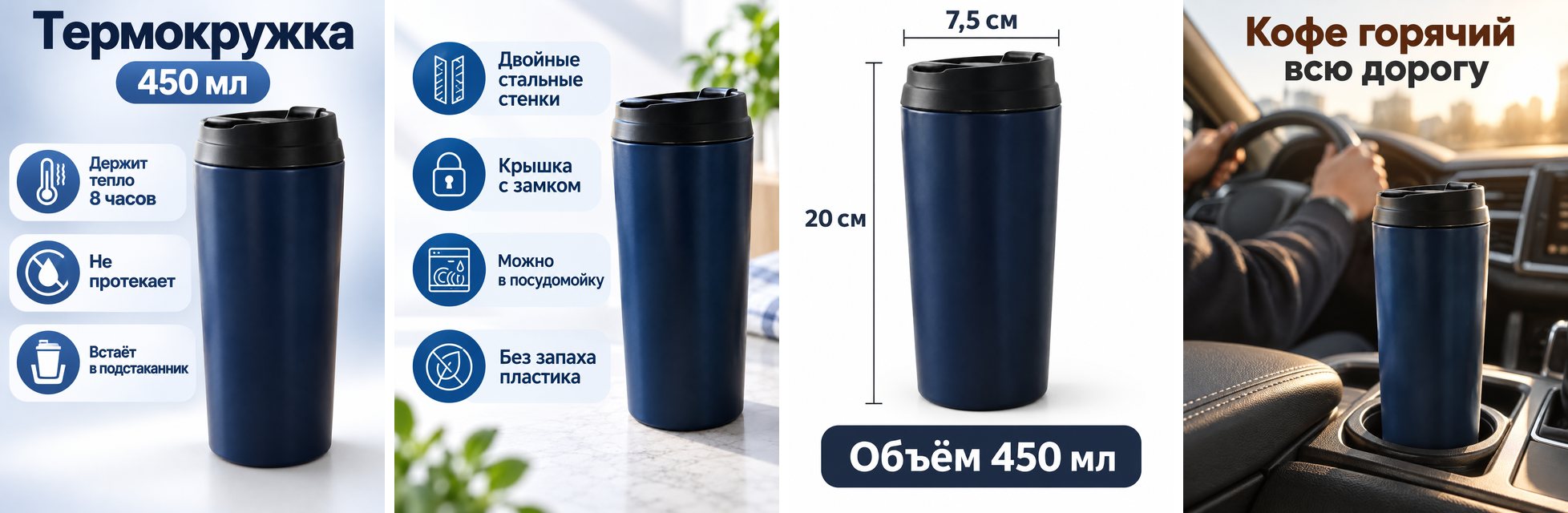 Серия из четырёх слайдов инфографики одной термокружки: обложка, преимущества, размеры, товар в машине