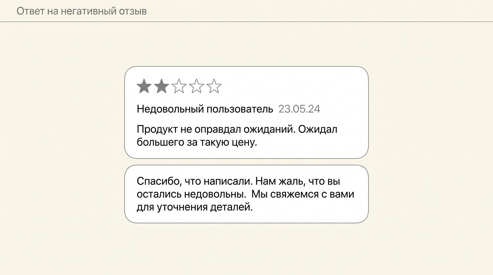 Ответ компании на негативный отзыв с двумя звёздами