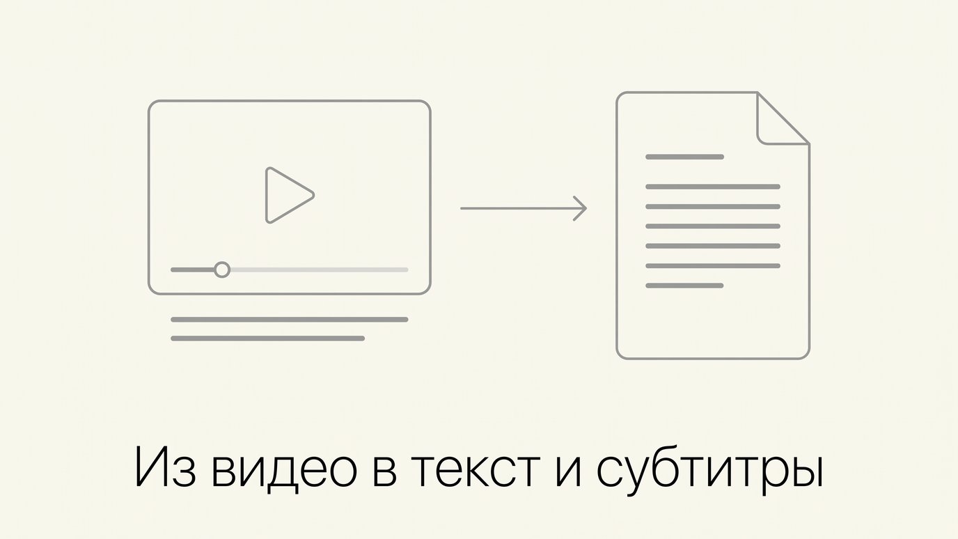 Видеоплеер, стрелка и лист с текстом: из видео получаются текст и субтитры