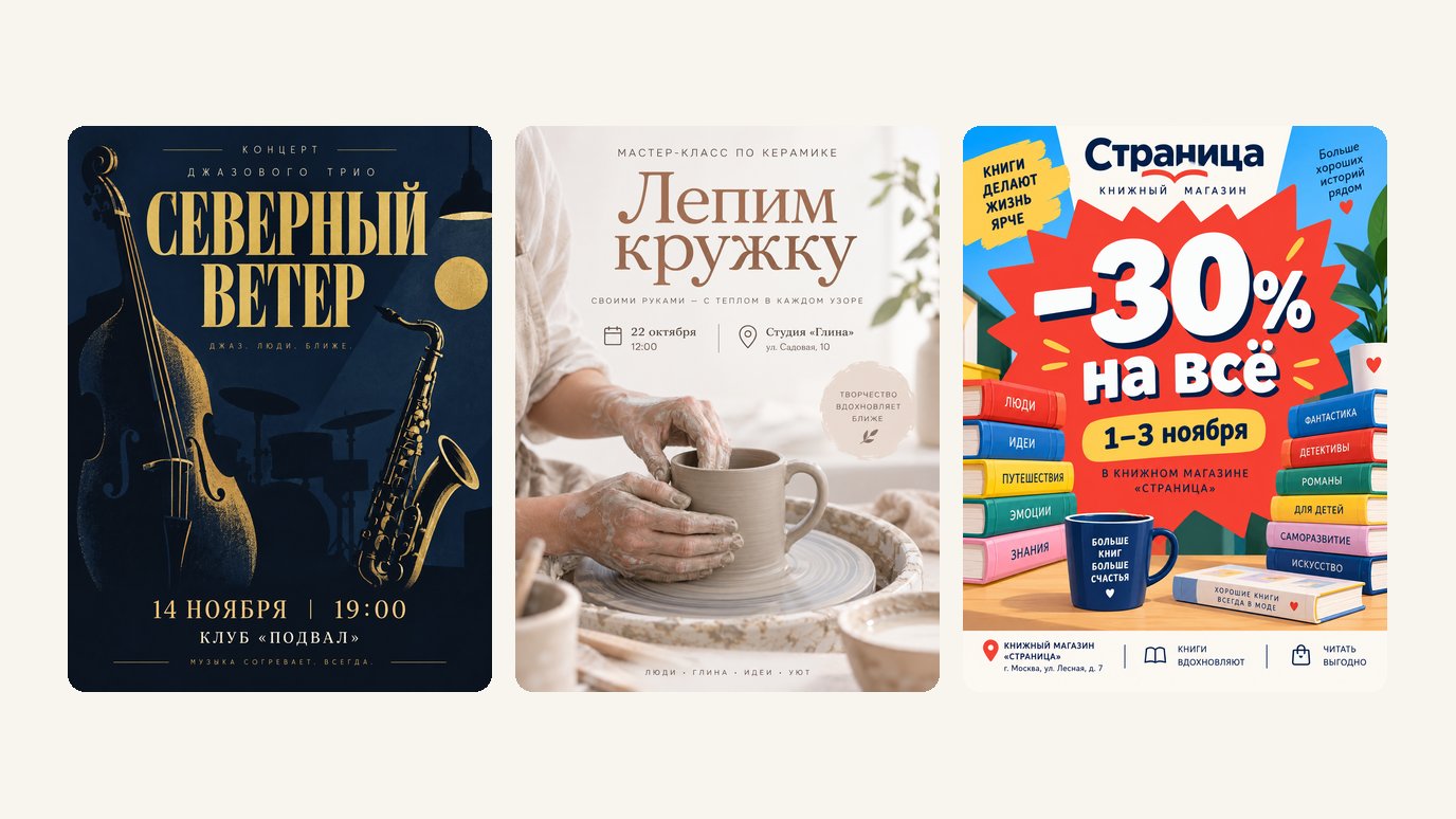 Три афиши, сделанные нейросетью: концерт джазового трио «Северный ветер», мастер-класс по керамике «Лепим кружку» и распродажа в книжном магазине «Страница»