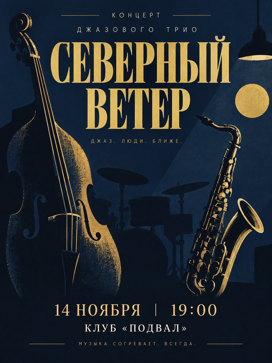 Афиша концерта нейросетью: джазовое трио «Северный ветер», 14 ноября, 19:00, клуб «Подвал», золотые контрабас и саксофон на тёмно-синем фоне