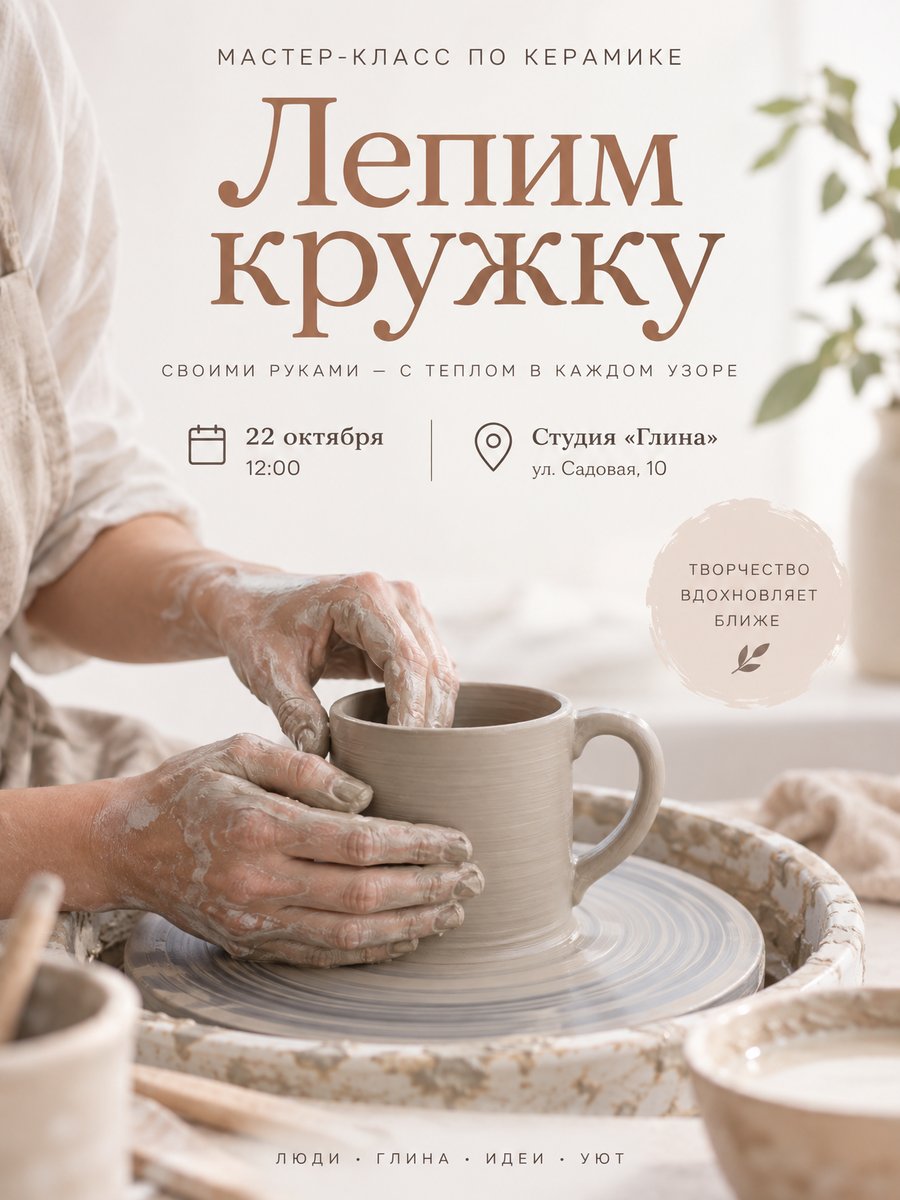 Афиша мастер-класса нейросетью: «Лепим кружку», 22 октября, 12:00, студия «Глина», руки в глине над гончарным кругом