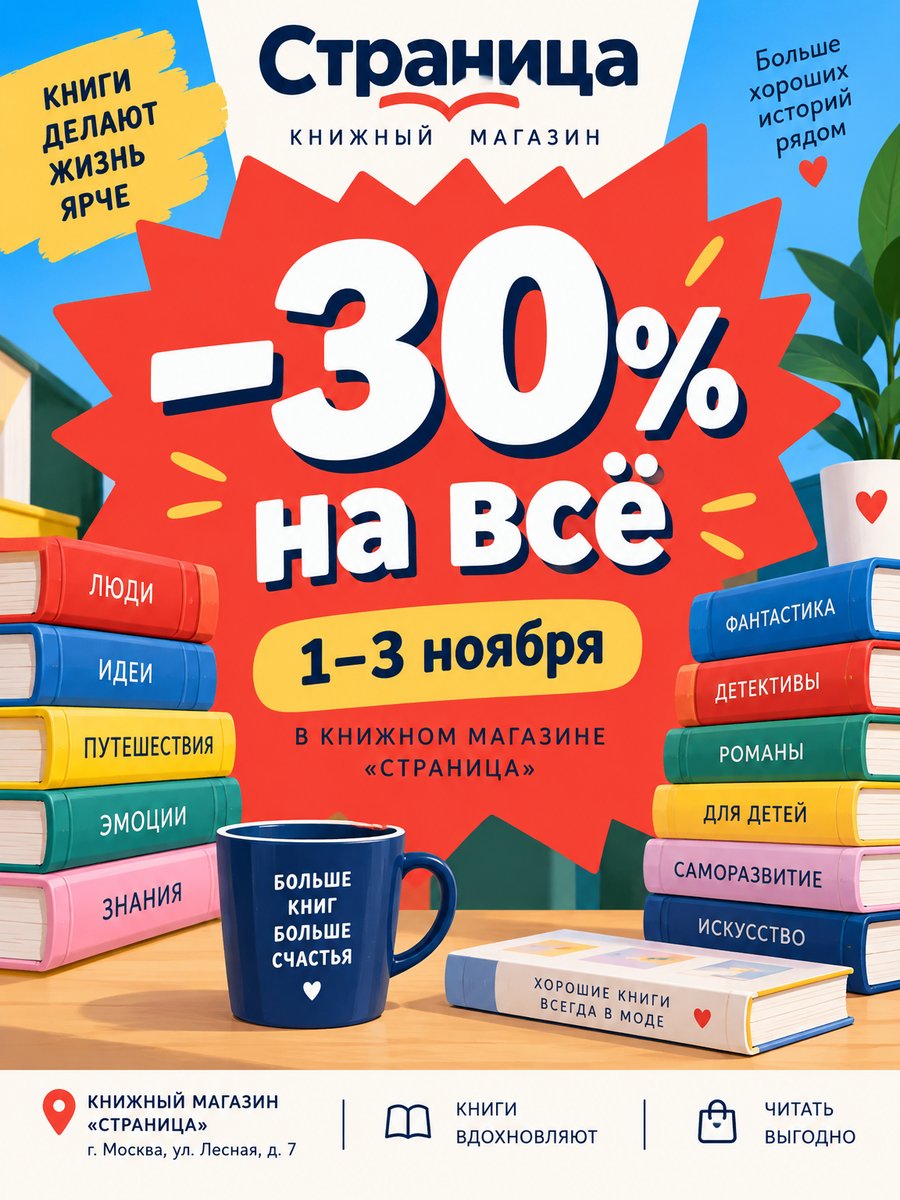 Афиша распродажи нейросетью: «−30% на всё», 1–3 ноября, книжный магазин «Страница», стопки книг и кружка с надписью