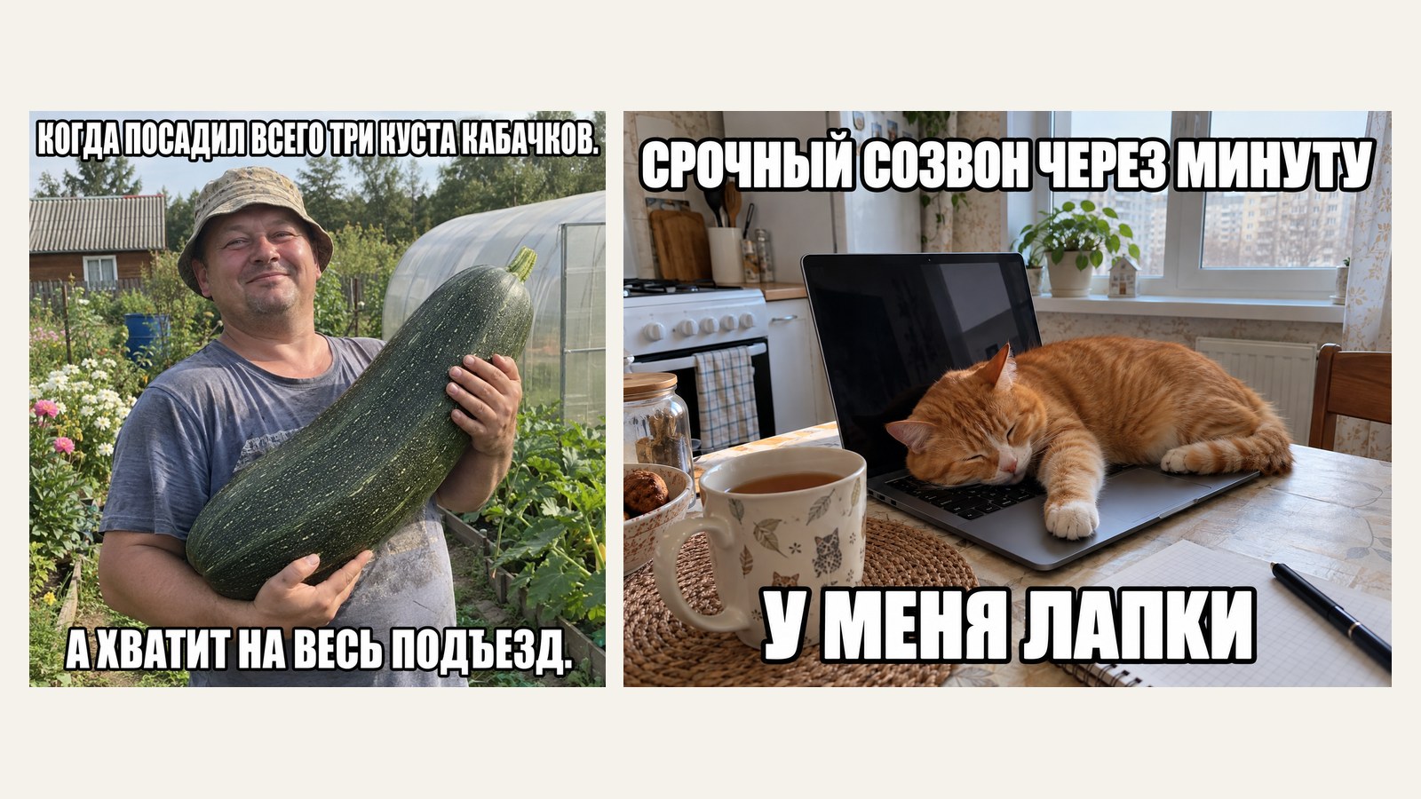 Два мема, сделанных нейросетью: дачник с огромным кабачком и подписью «Когда посадил всего три куста кабачков. А хватит на весь подъезд» и рыжий кот на ноутбуке с подписью «Срочный созвон через минуту. У меня лапки»