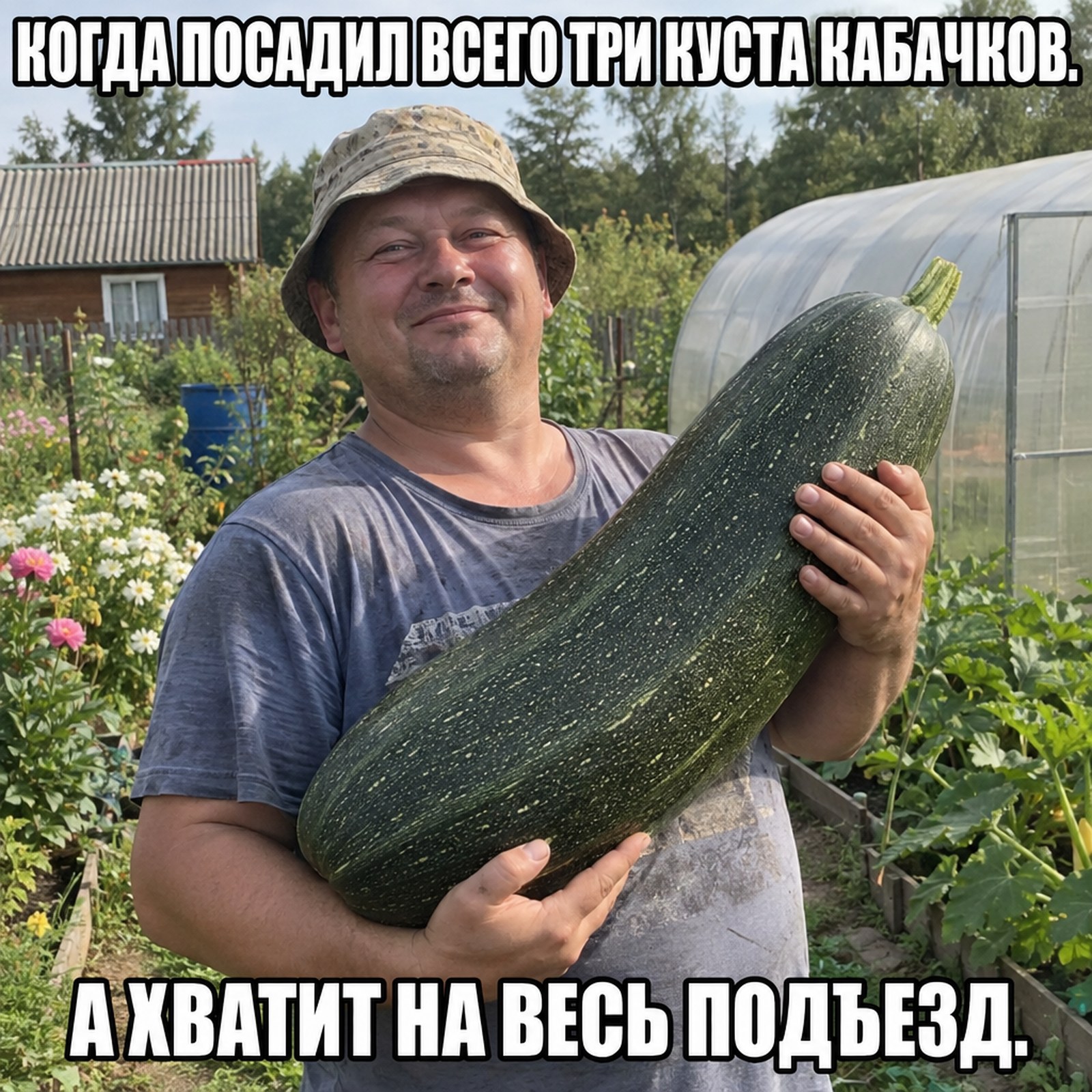 Мем нейросетью: улыбающийся дачник в панаме держит огромный кабачок у теплицы, сверху подпись «Когда посадил всего три куста кабачков», снизу «А хватит на весь подъезд»