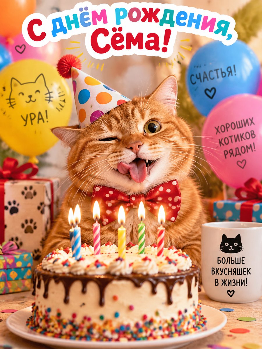 Открытка с котом нейросетью: рыжий кот в праздничном колпаке у торта со свечами, надпись «С днём рождения, Сёма!» и шары с надписями