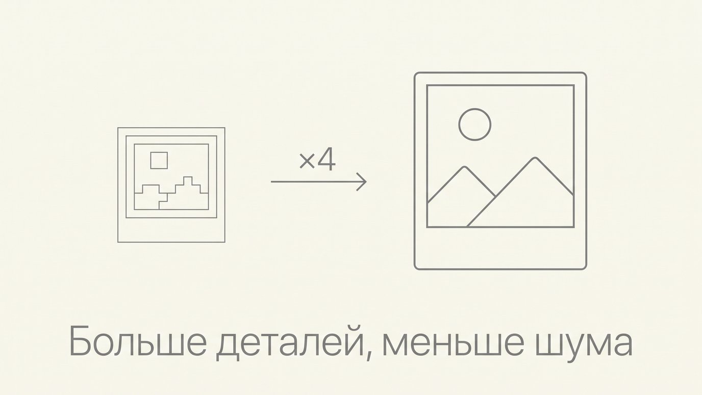 Как улучшить качество фото нейросетью: маленькое пиксельное фото увеличено в 4 раза