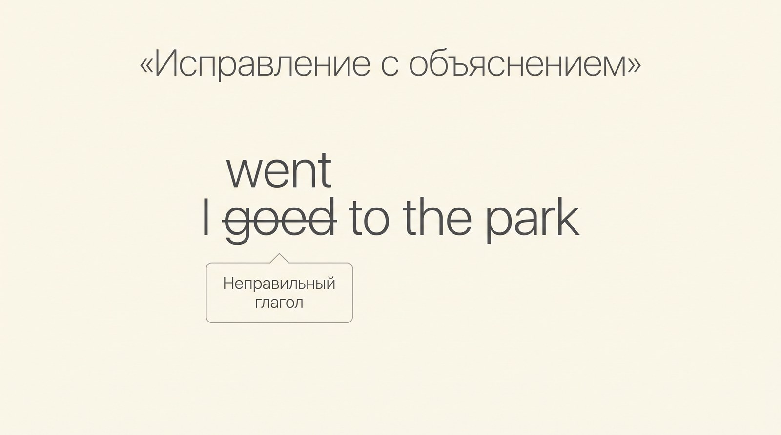 Исправление ошибки с объяснением: goed исправлено на went, неправильный глагол