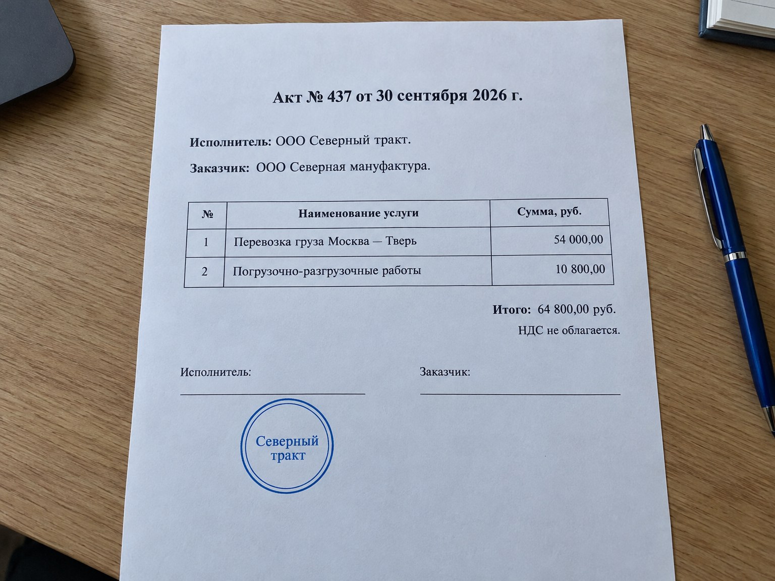 Фото бумажного акта № 437 на 64 800 рублей на офисном столе