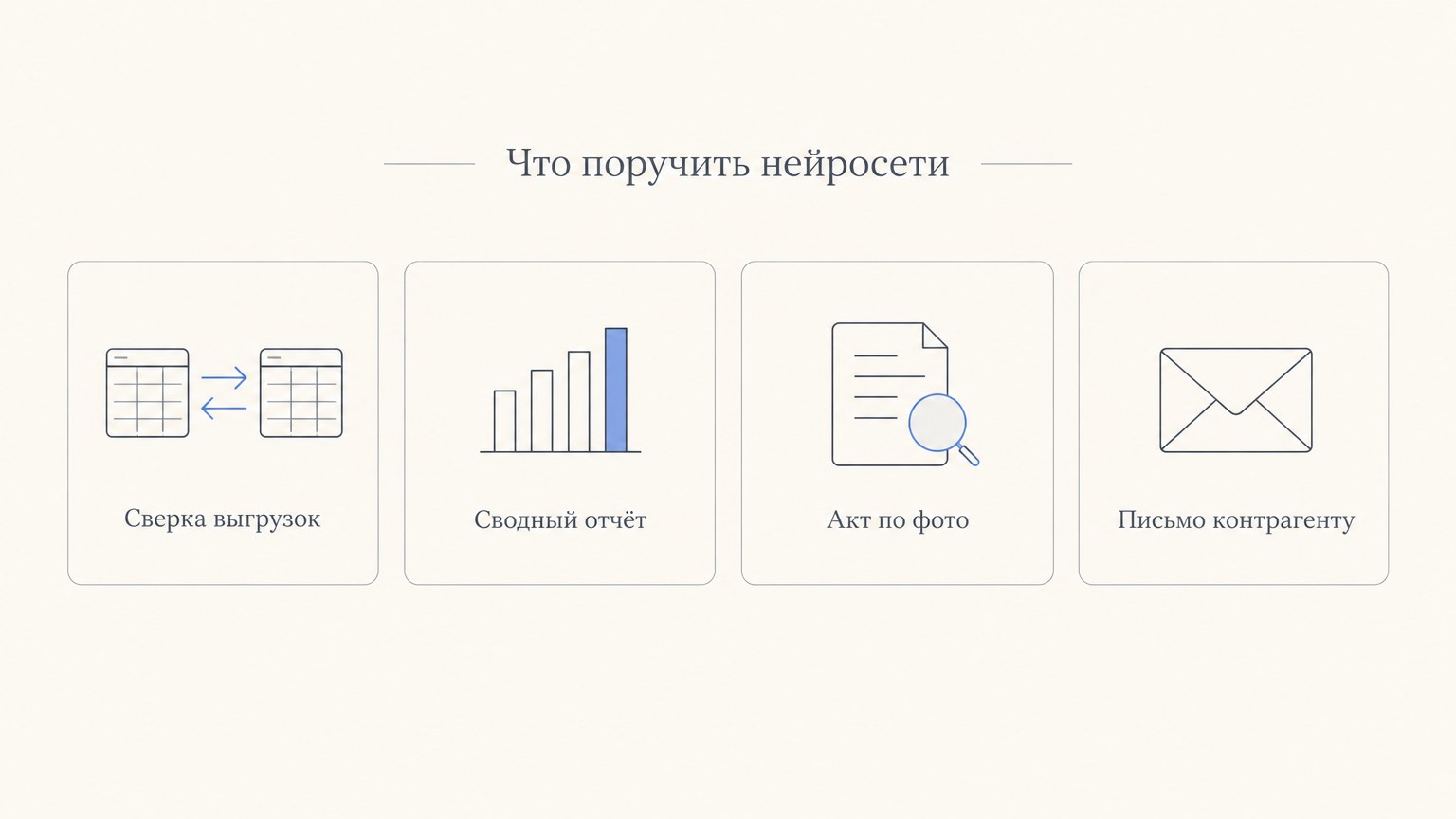 Что поручить нейросети: сверка выгрузок, сводный отчёт, акт по фото, письмо контрагенту