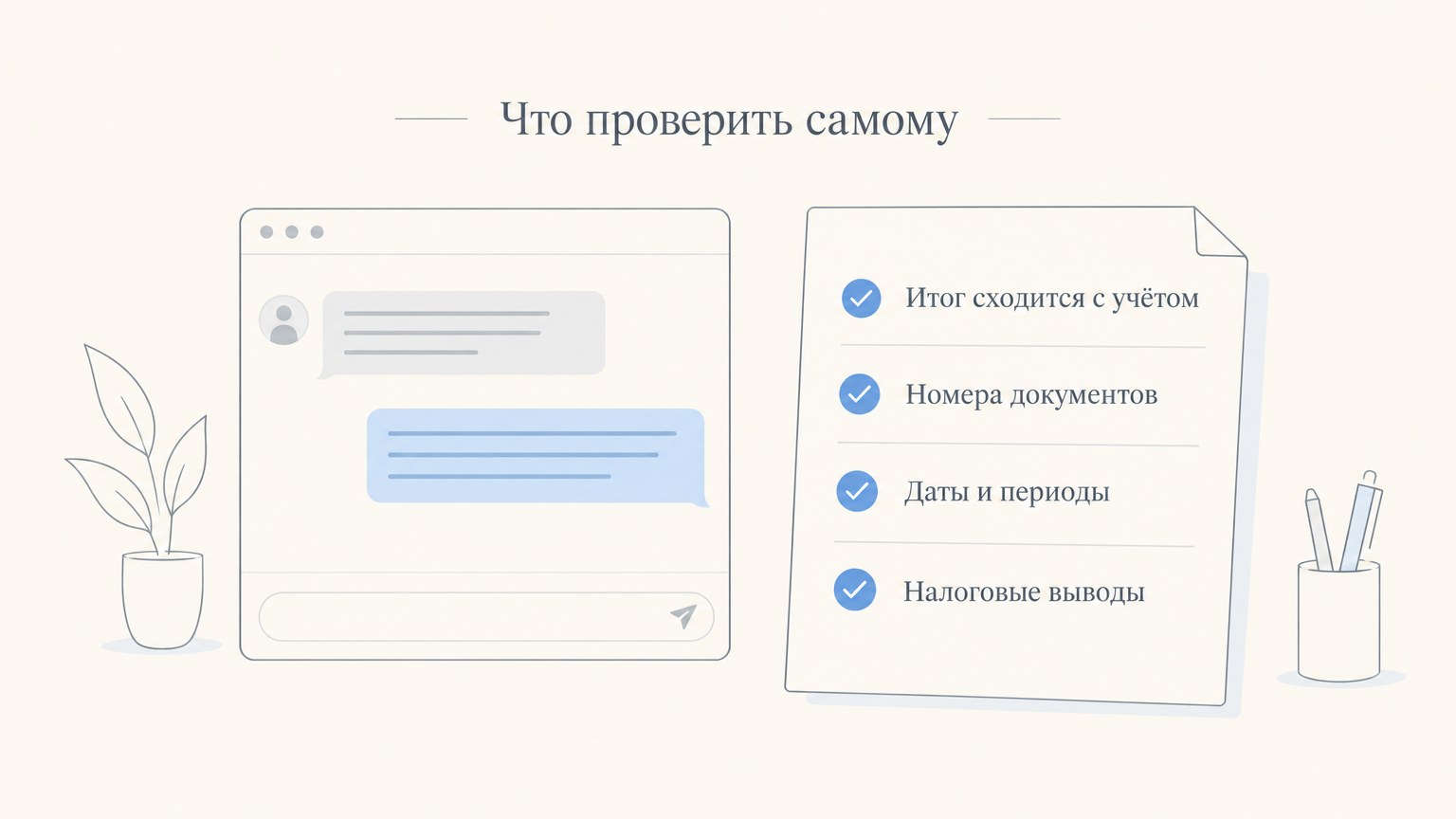 Что проверить самому: итог сходится с учётом, номера документов, даты и периоды, налоговые выводы
