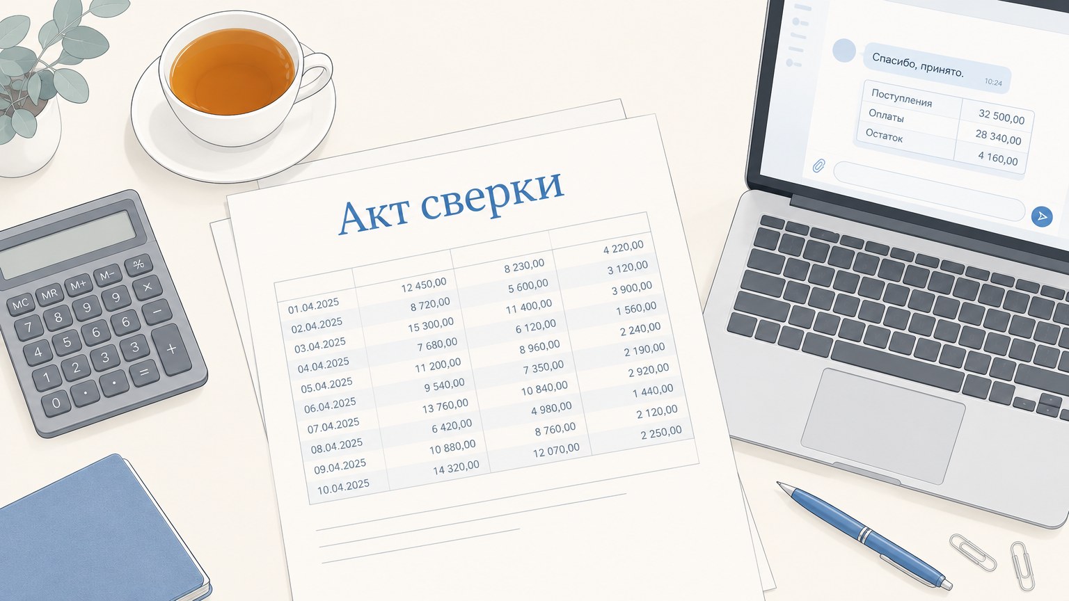 Акт сверки, калькулятор и ноутбук с ответом нейросети на рабочем столе бухгалтера