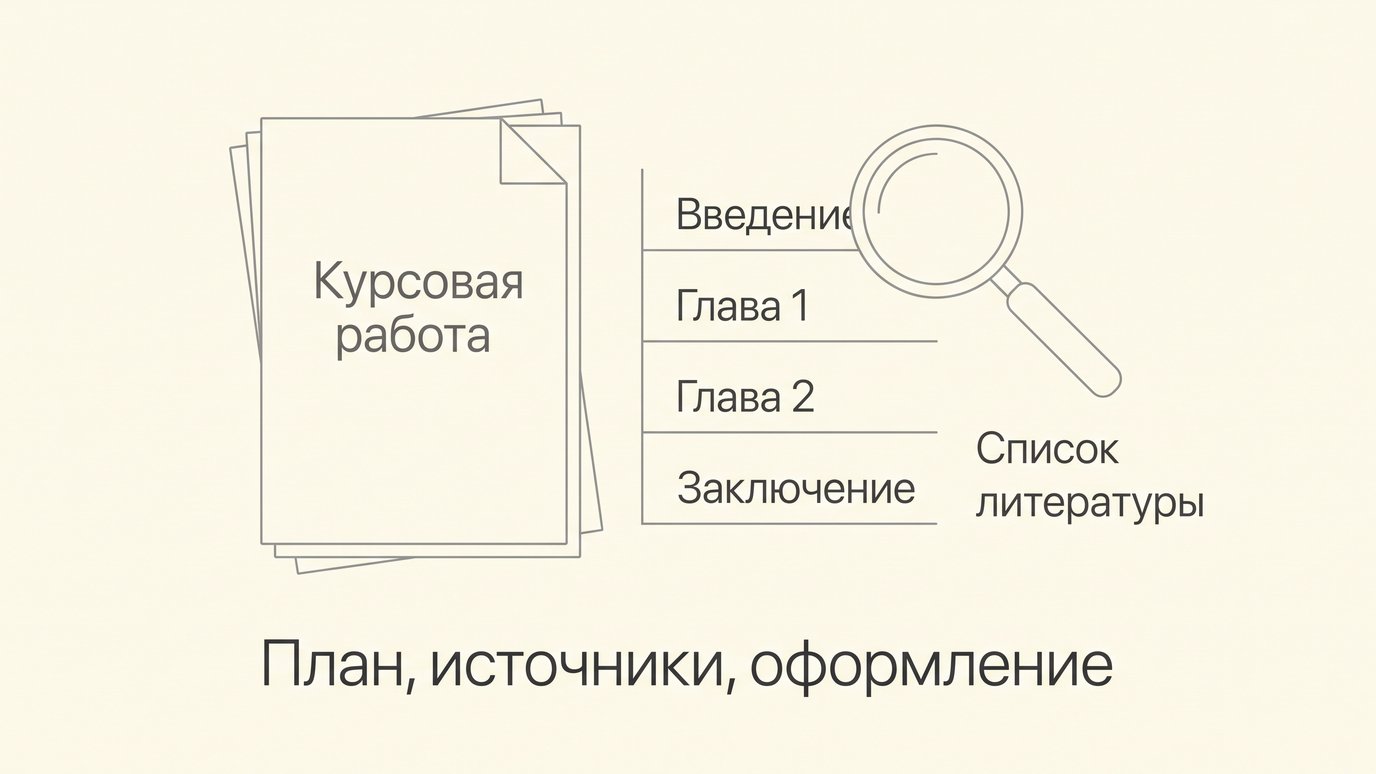 Нейросеть для курсовой: титульный лист, план из введения, двух глав и заключения, лупа над списком литературы