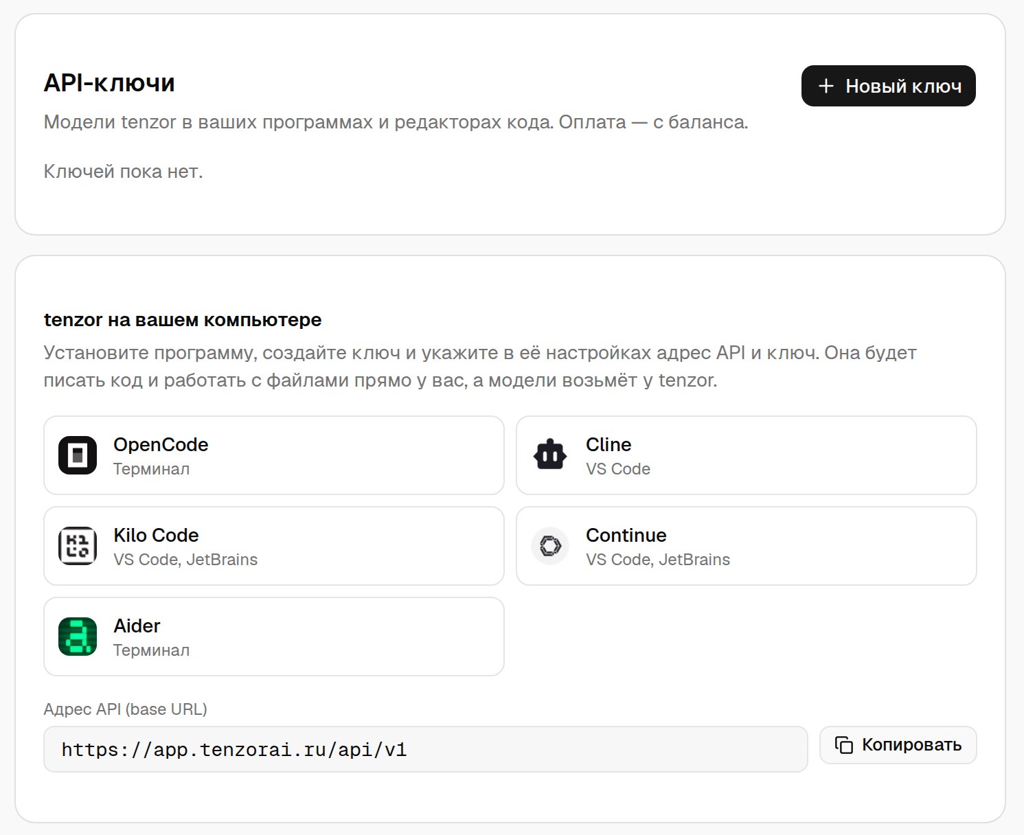 Вкладка «API» в профиле: кнопка «Новый ключ», список программ OpenCode, Cline, Kilo Code, Continue, Aider и адрес API https://app.tenzorai.ru/api/v1