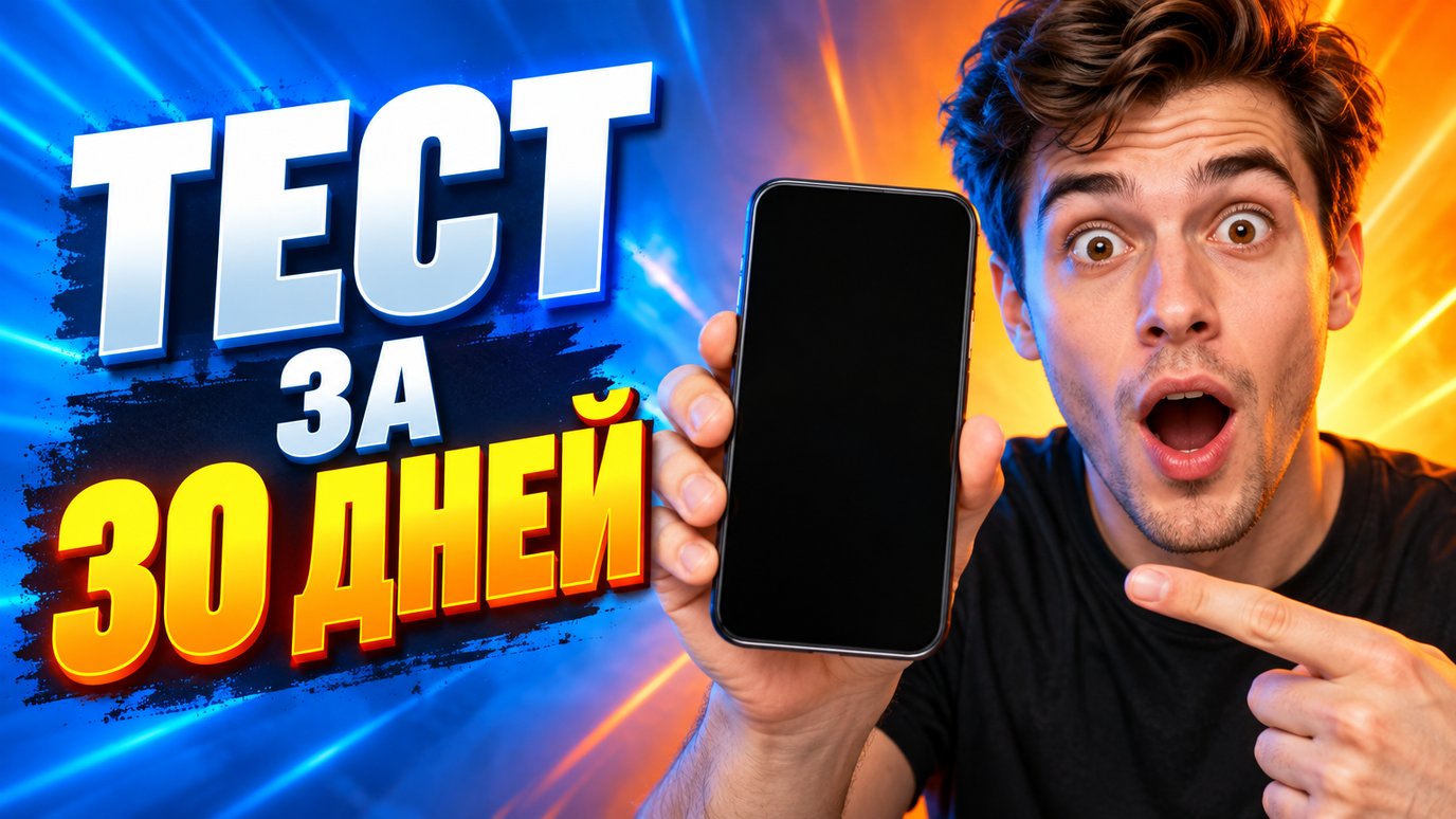 Превью для YouTube, сделанное нейросетью: удивлённый парень показывает смартфон, заголовок «Тест за 30 дней»