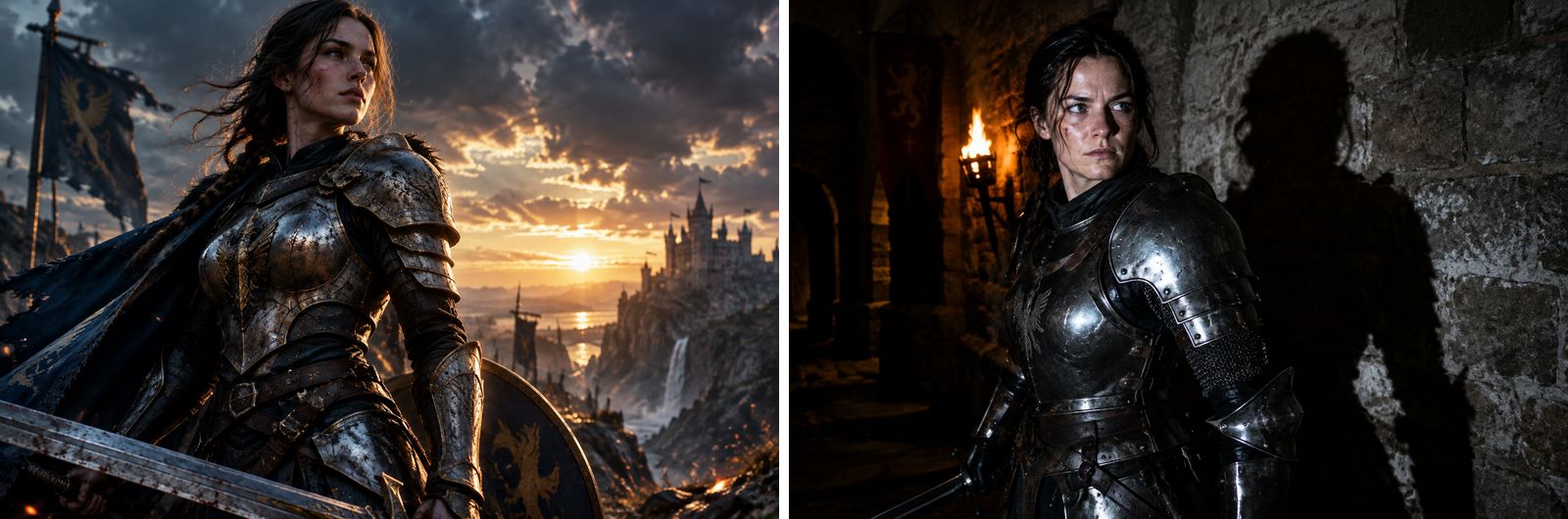 Воительница в доспехе: слева cinematic lighting, справа жёсткая вспышка с резкими тенями
