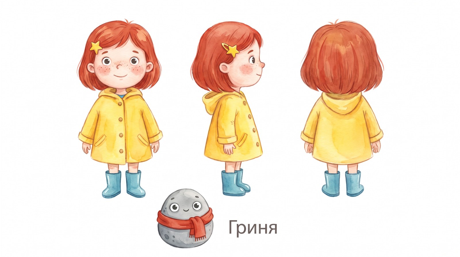 Лист персонажей: Вера в трёх ракурсах и камешек Гриня, одинаковая одежда и цвета