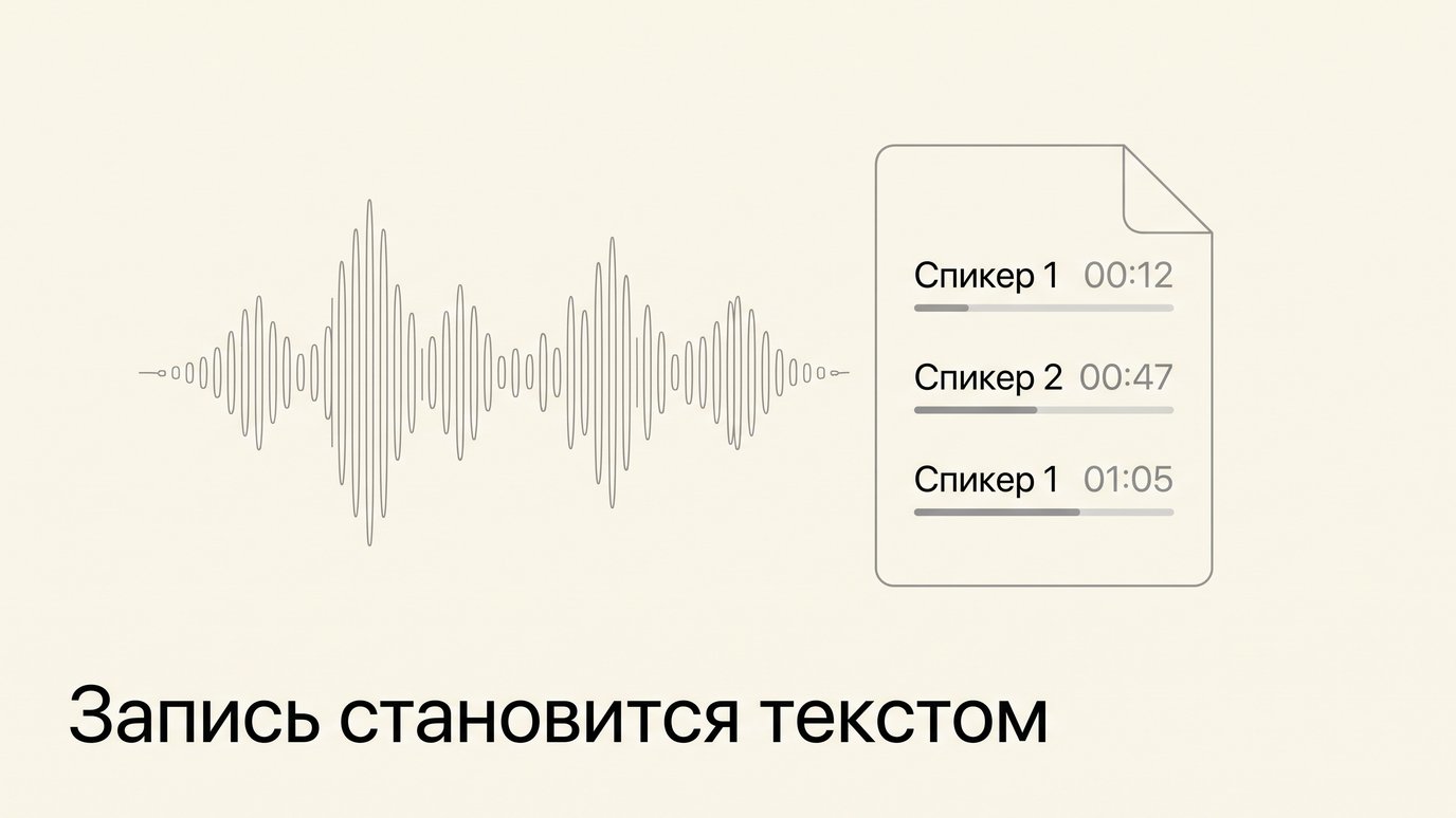 Звуковая волна превращается в текст с репликами двух говорящих и тайм-кодами