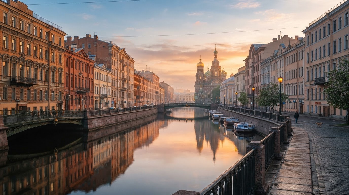 Пример Grok Imagine: фотореалистичный кадр Санкт-Петербурга на рассвете — канал и старинные фасады