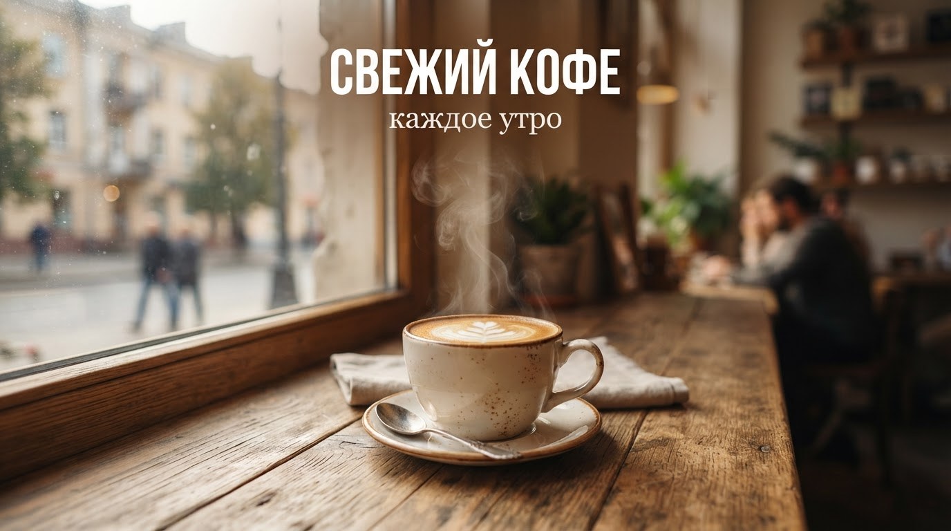 Пример Grok Imagine: фотореалистичный рекламный постер кофейни с чётким русским текстом «Свежий кофе»
