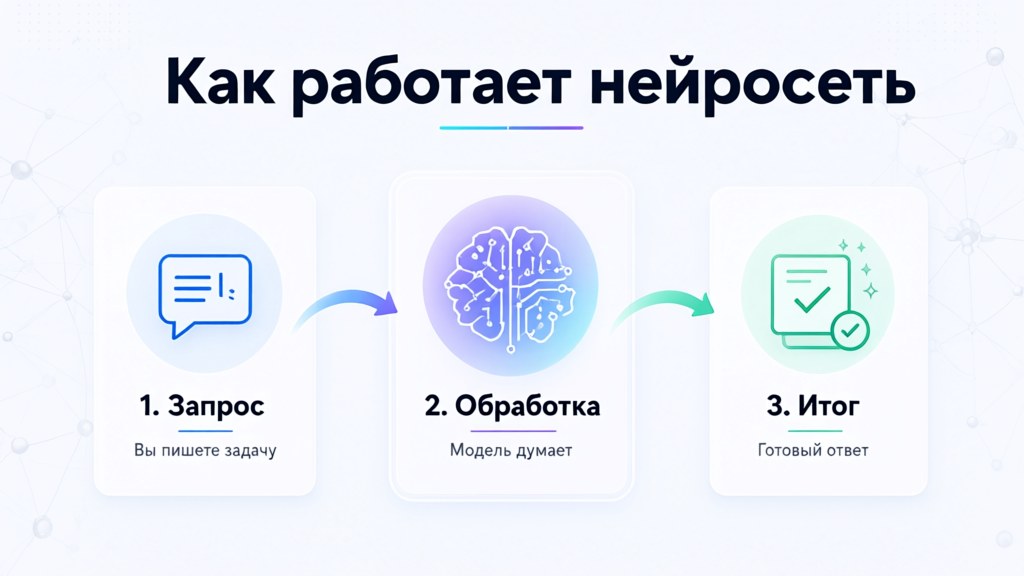 Пример Qwen Image 3 Pro: инфографика на русском «Как работает нейросеть» с тремя шагами и аккуратными подписями
